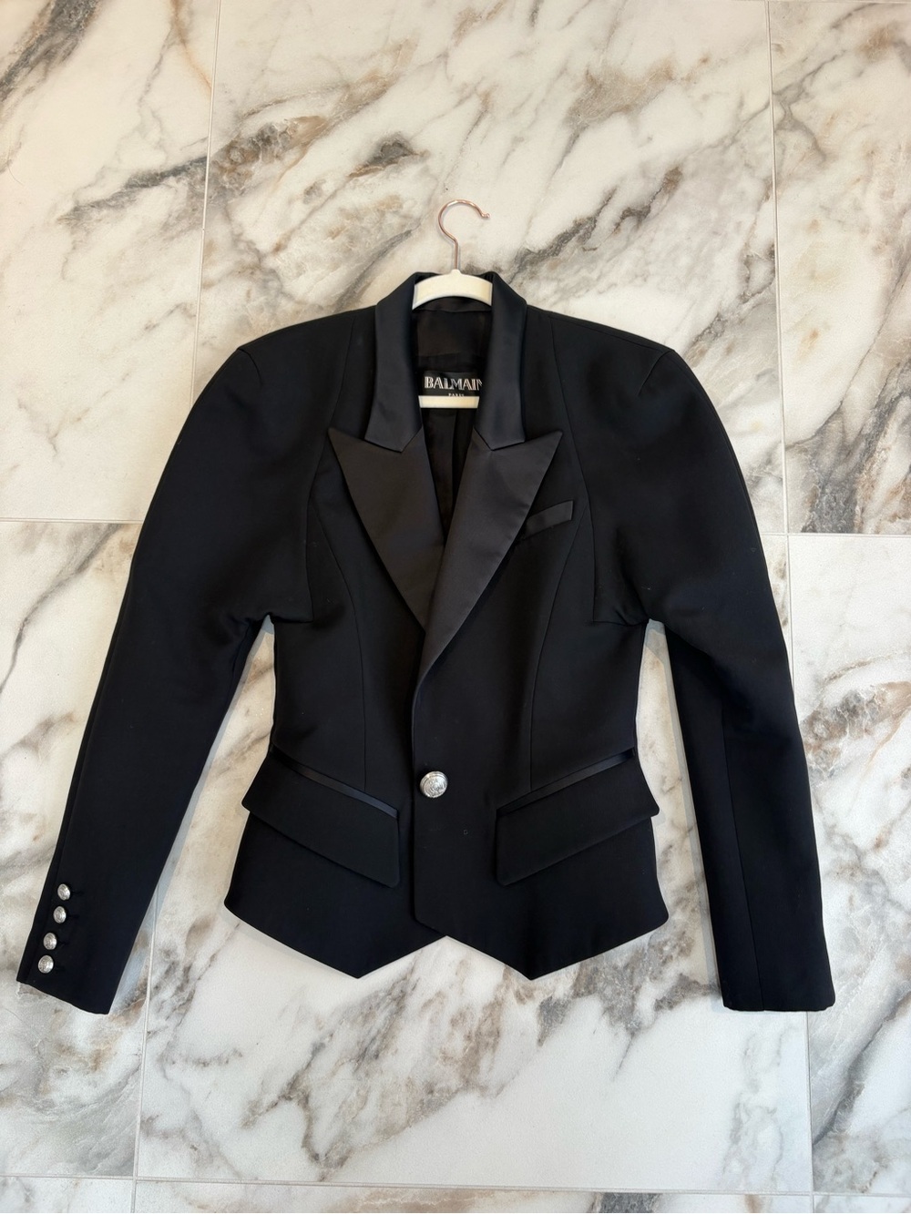 BALMAIN Paris Black Wool Tuxedo Blazer Size 40 Power Shoulder Made France - Picture 10 of 11